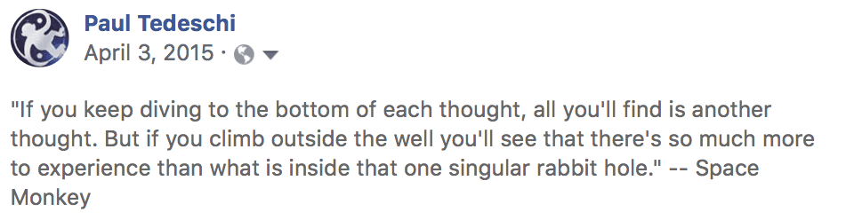 If you keep diving to the bottom of each thought, all you'll find is another thought. But if you climb outside the well you'll see that there's so much more to experience than what is inside that one singular rabbit hole.