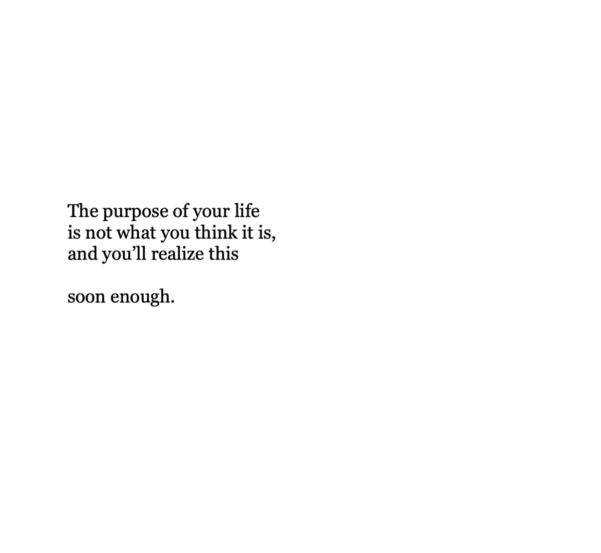 The purpose of your life
is not what you think it is,
and you'll realize this
soon enough.