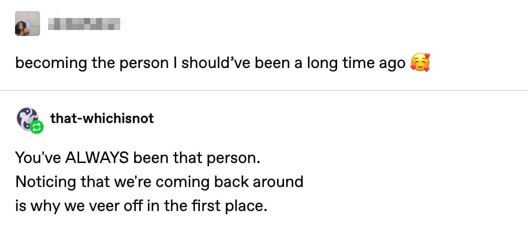 ANONYMOUS SAYS"
I'm becoming the person I should've been a long time ago

SPACE MONKEY SAYS:
You've ALWAYS been that person.
Noticing that we're coming back around
is why we veer off in the first place.