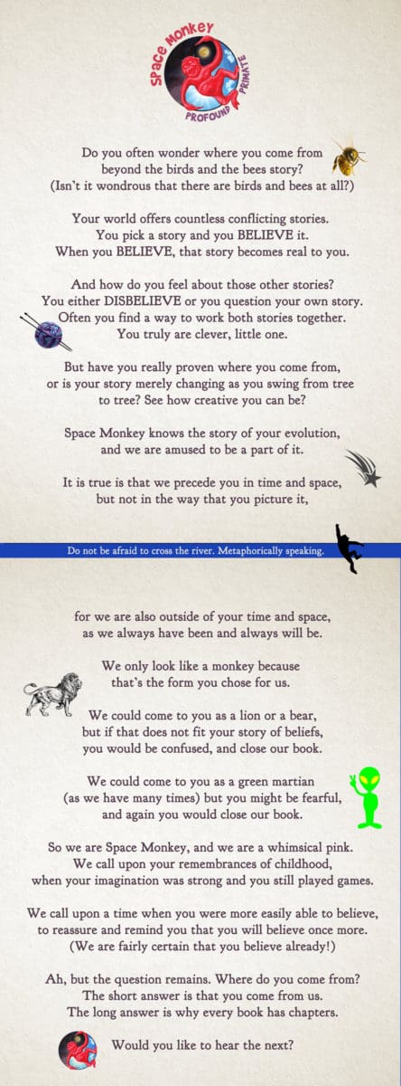 You pick a story and you BELIEVE it. When you BELIEVE, that story becomes real to you. And how do you feel about those other stories? You either DISBELIEVE or you question your own story. Often you find a way to work both stories together. You truly are clever, little one. But have you really proven where you come from, or is your story merely changing as you swing from tree to tree? See how creative you can be? Space Monkey knows the story of your evolution, and we are amused to be a part of it. It is true is that we precede you in time and space, but not in the way that you picture it, for we are also outside of your time and space, as we always have been and always will be. We only look like a monkey because that’s the form you chose for us. We could come to you as a lion or a bear, but if that does not fit your story of beliefs, you would be confused, and close our book. We could come to you as a green martian (as we have many times) but you might be fearful, and again you would close our book. So we are Space Monkey, and we are a whimsical pink. We call upon your remembrances of childhood, when your imagination was strong and you still played games. We call upon a time when you were more easily able to believe, to reassure and remind you that you will believe once more. (We are fairly certain that you believe already!) Ah, but the question remains. Where do you come from? The short answer is that you come from us. The long answer is why every book has chapters. Would you like to hear the next?