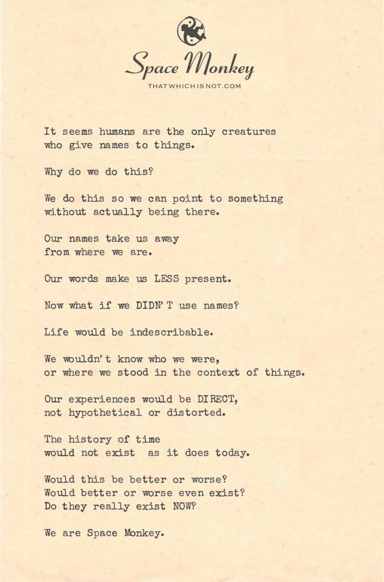 It seems humans are the only creatures  who give names to things.  Why do we do this?  We do this so we can point to something without actually being there.  Our names take us away from where we are.  Our words make us LESS present.  Now what if we DIDN’T use names?  Life would be indescribable.  We wouldn’t know who we were, or where we stood in the context of things.  Our experiences would be DIRECT,  not hypothetical or distorted.  The history of time  would not exist  as it does today.  Would this be better or worse? Would better or worse even exist? Do they really exist NOW?  We are Space Monkey.