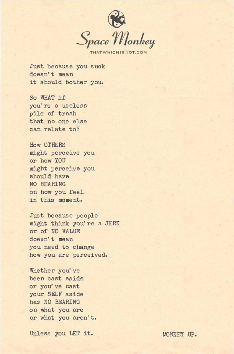 Just because you suck doesn’t mean  it should bother you.  So WHAT if  you’re a useless  pile of trash that no one else  can relate to?  How OTHERS might perceive you or how YOU might perceive you should have NO BEARING  on how you feel in this moment.  Just because people  might think you’re a JERK or of NO VALUE doesn’t mean you need to change how you are perceived.  Whether you’ve  been cast aside or you’ve cast  your SELF aside has NO BEARING on what you are or what you aren’t.  Unless you LET it.